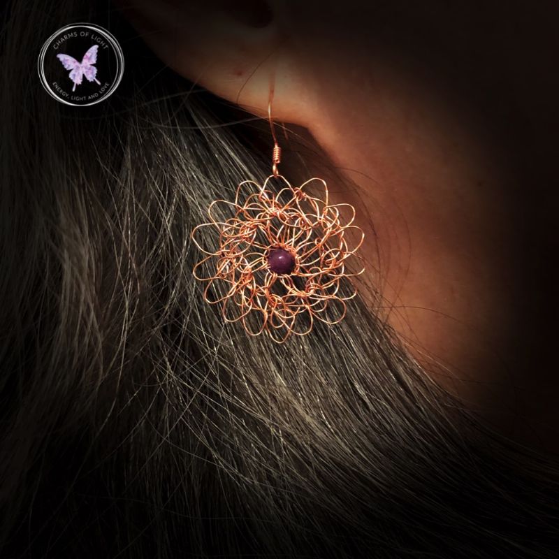 Copper Wire Crochet Medallion Earrings With Clear Quartz (Teal)